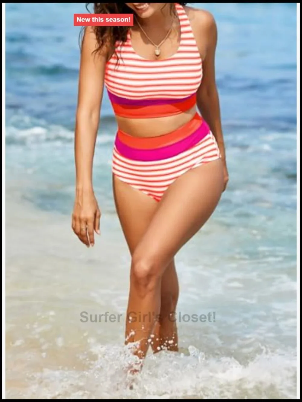 High Waisted Bikini Set Two Piece Swimsuit Color Block Scoop Neck
